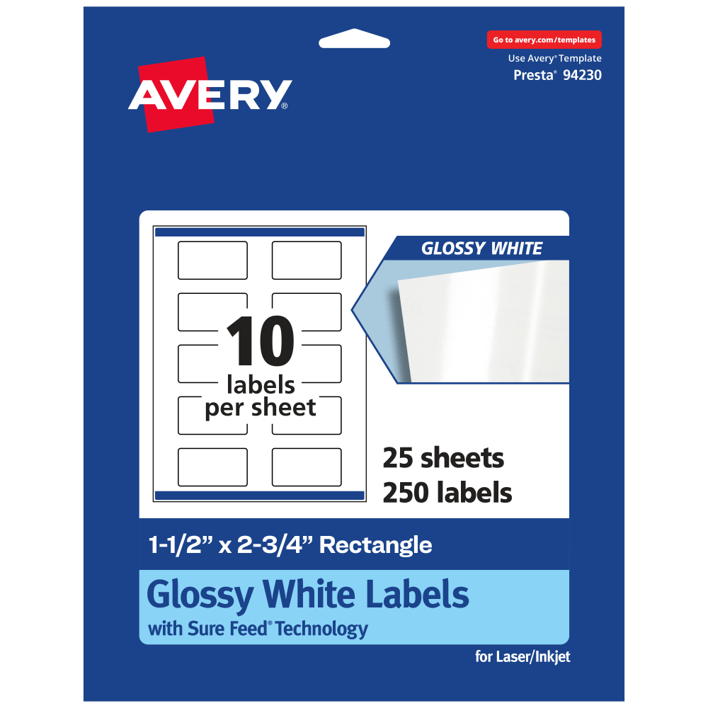 AVERY PRODUCTS CORPORATION 94230-WGP25 Avery Glossy Permanent Labels With Sure Feed, 94230-WGP25, Rectangle, 1-1/2in x 2-3/4in, White, Pack Of 250