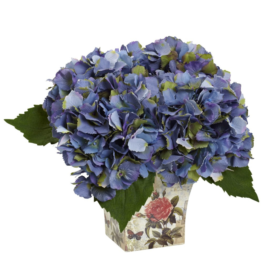 NEARLY NATURAL INC. 1373-BL Nearly Natural Hydrangea Silk 9inH Plastic Floral Arrangement With Planter, 9inH x 11inW x 11inD, Blue