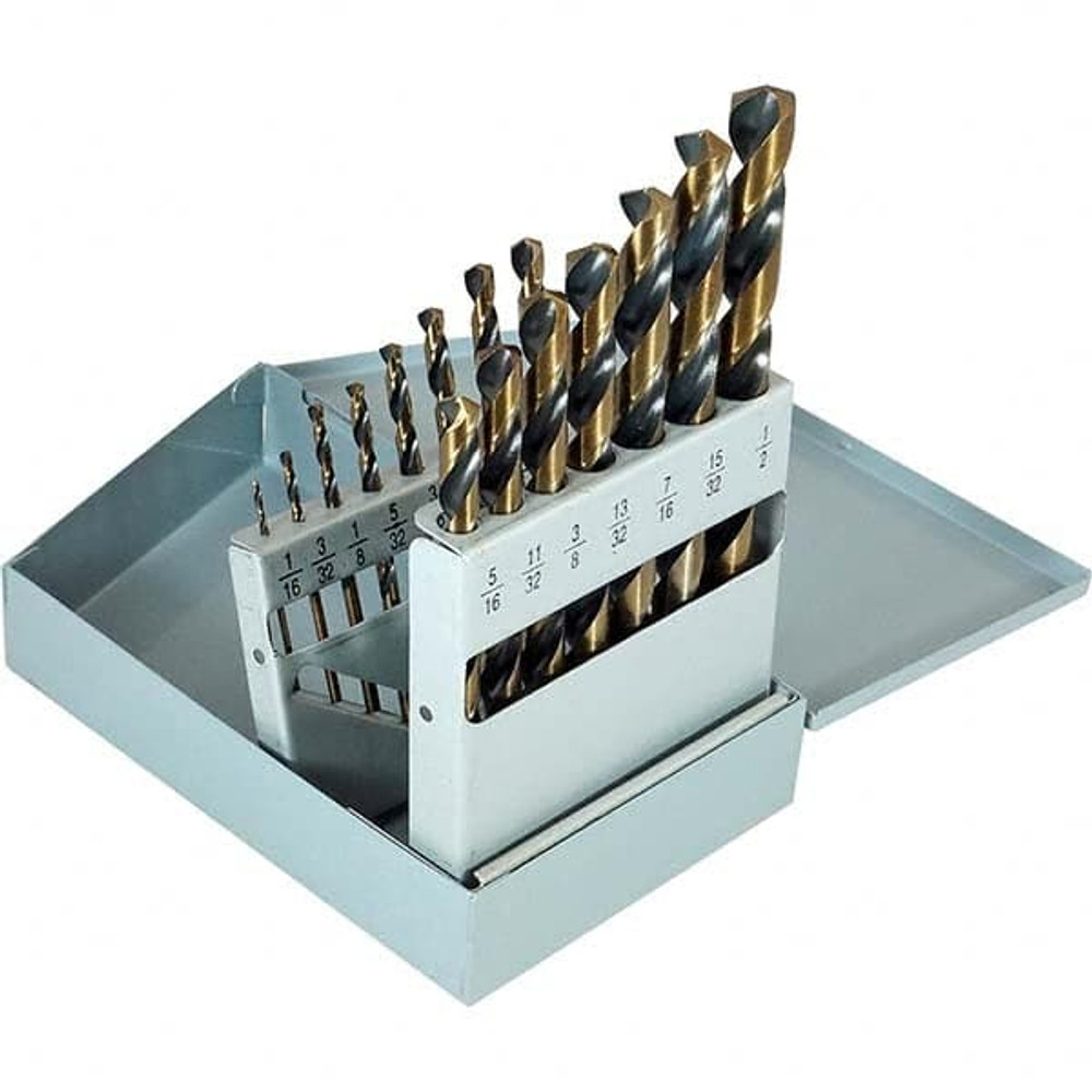 Cle-Force C68461 Drill Bit Set: Jobber Length Drill Bits, 15 Pc, 0.0625" to 0.5" Drill Bit Size, 135 °, High Speed Steel