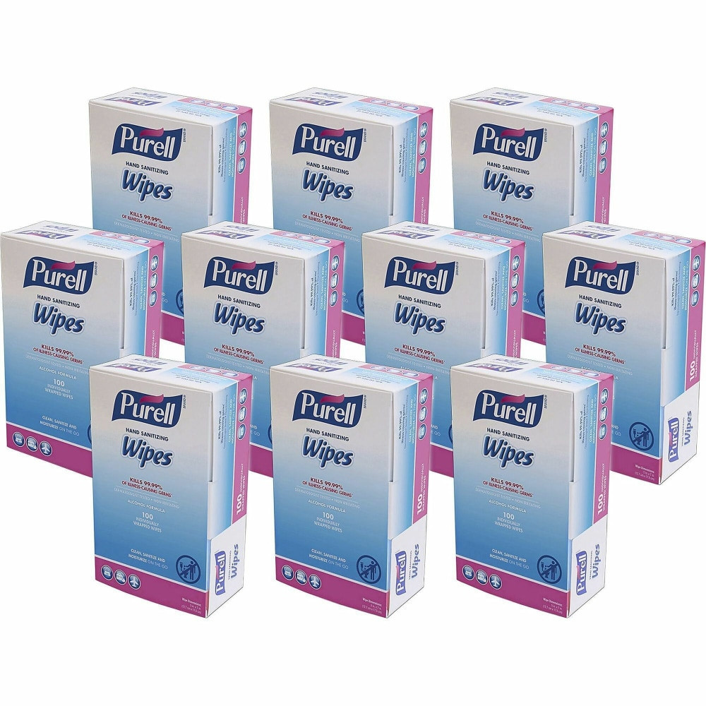 GOJO INDUSTRIES INC Purell 902210CT  On-the-go Sanitizing Hand Wipes - Ethyl Alcohol - Safe, Alcohol Based - For Hand - 100 Quantity Per Box - 1000 / Carton