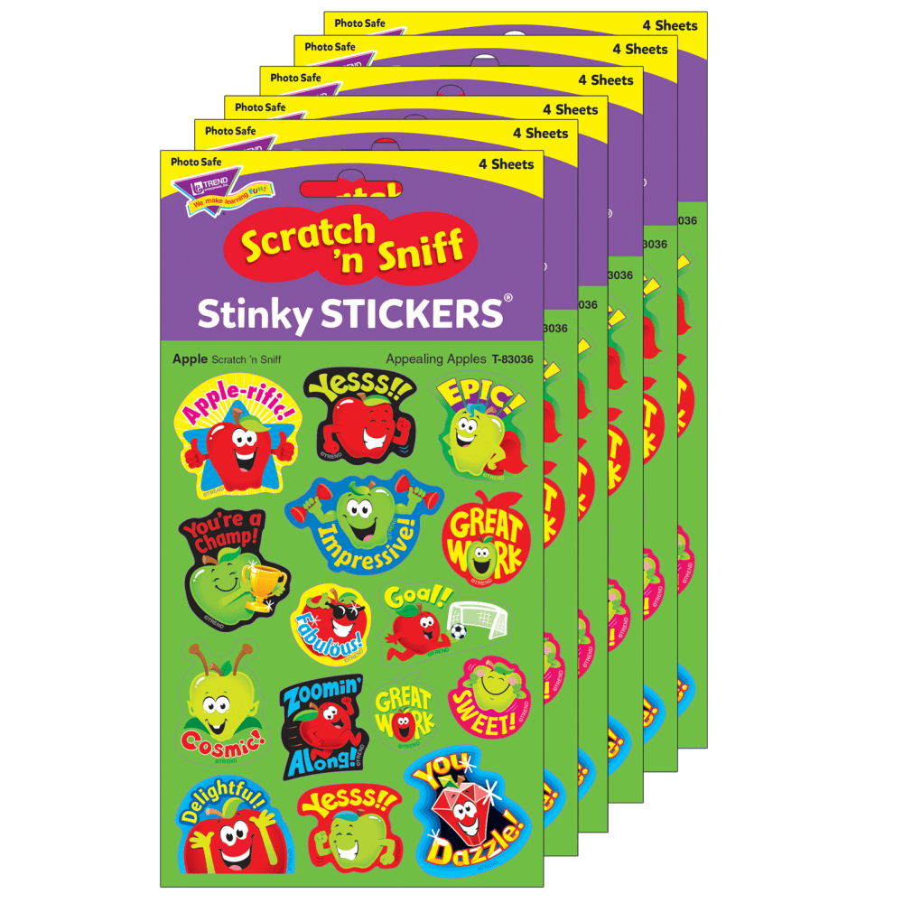 Add some fun to your classroom or home with these Trend Stinky Stickers. These stickers are fun to collect, or use for motivation for your kids.  Scratch N sniff fragrances, designs and shapes.  Acid-free and non-toxic.  Safe for use on photos.  Each pack includes 60 stickers in 15 designs. Sold as 6 packs for a total of 360 stickers.