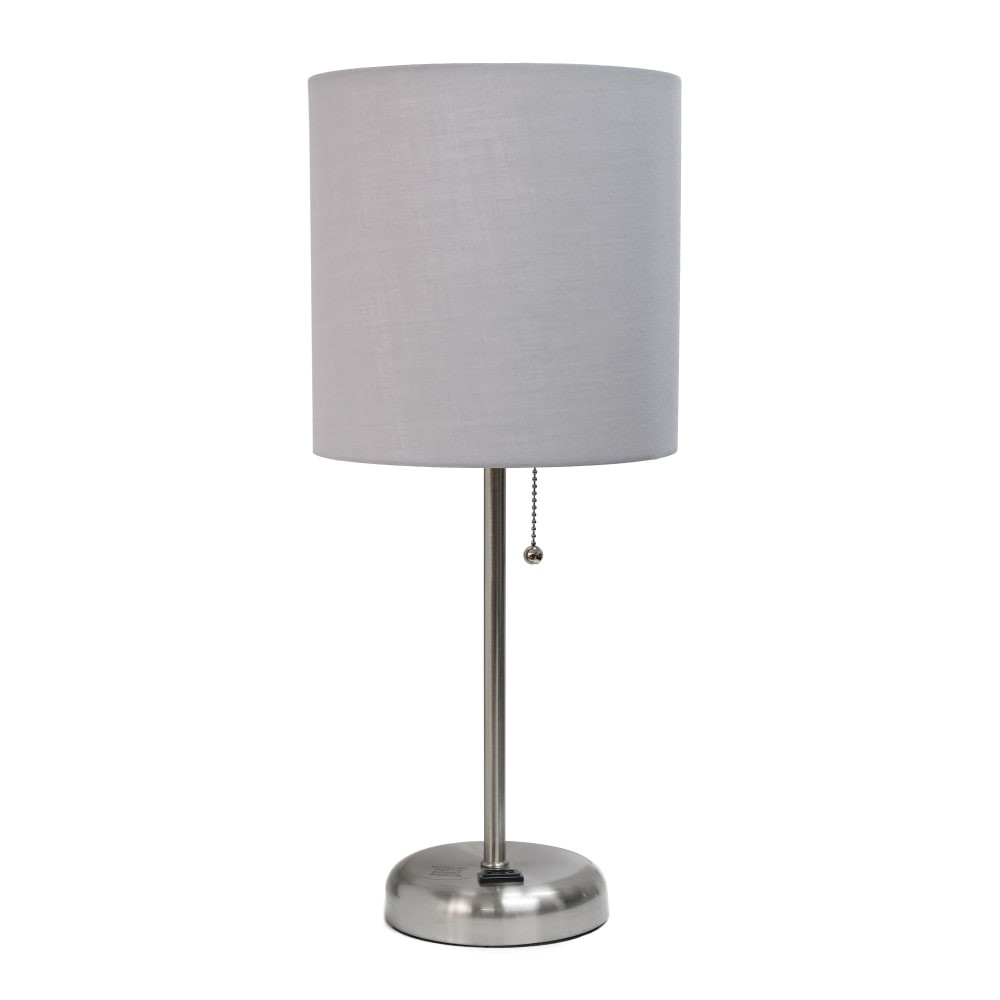 ALL THE RAGES INC CWT-2009-GY Creekwood Home Oslo Power Outlet Metal Table Lamp, 19-1/2inH, Gray Shade/Brushed Steel Base