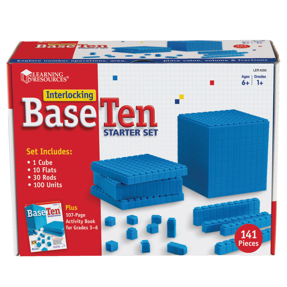 Interlocking pieces allow children to explore a variety of base 10 ideas during math class. A 96-page instruction book provides a variety of ideas for using the set.  Designed to help students explore base 10 math concepts. An easy way to showcase value, grouping, spatial relationships and volume.  Interlocking pieces allow easy manipulation for hands-on learning.  Includes 100 units, 30 rods, 10 flats, a cube and a 96-page book.  For 1st to 9th grade.