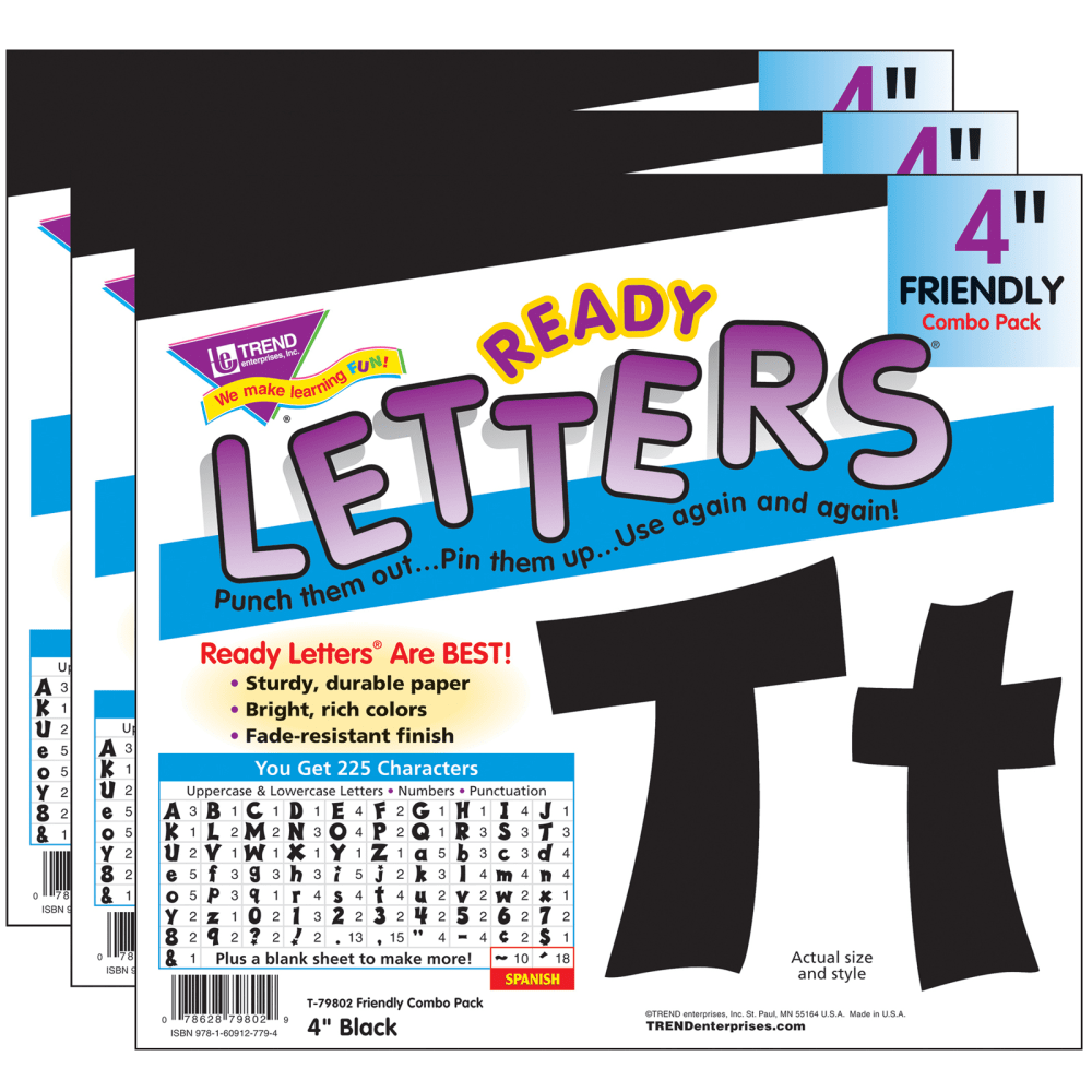 EDUCATORS RESOURCE Trend T-79802-3  Ready Letters, 4in, Friendly Combo, Black, Set Of 3 Packs