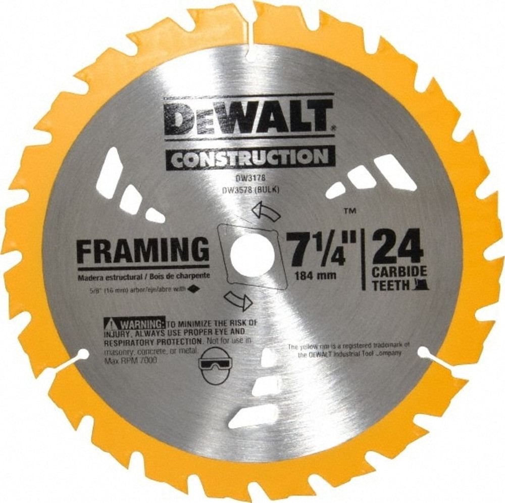 DeWALT DW3578B10 Wet & Dry Cut Saw Blade: 7-1/4" Dia, 5/8" Arbor Hole, 0.071" Kerf Width, 24 Teeth