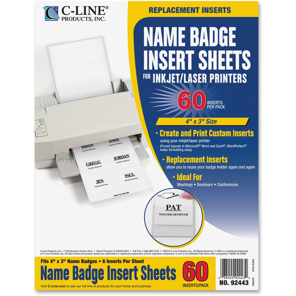 C-Line Products, Inc C-Line 92443 C-Line Replacement Name Badge Insert Sheets for Laser/Inkjet Printers