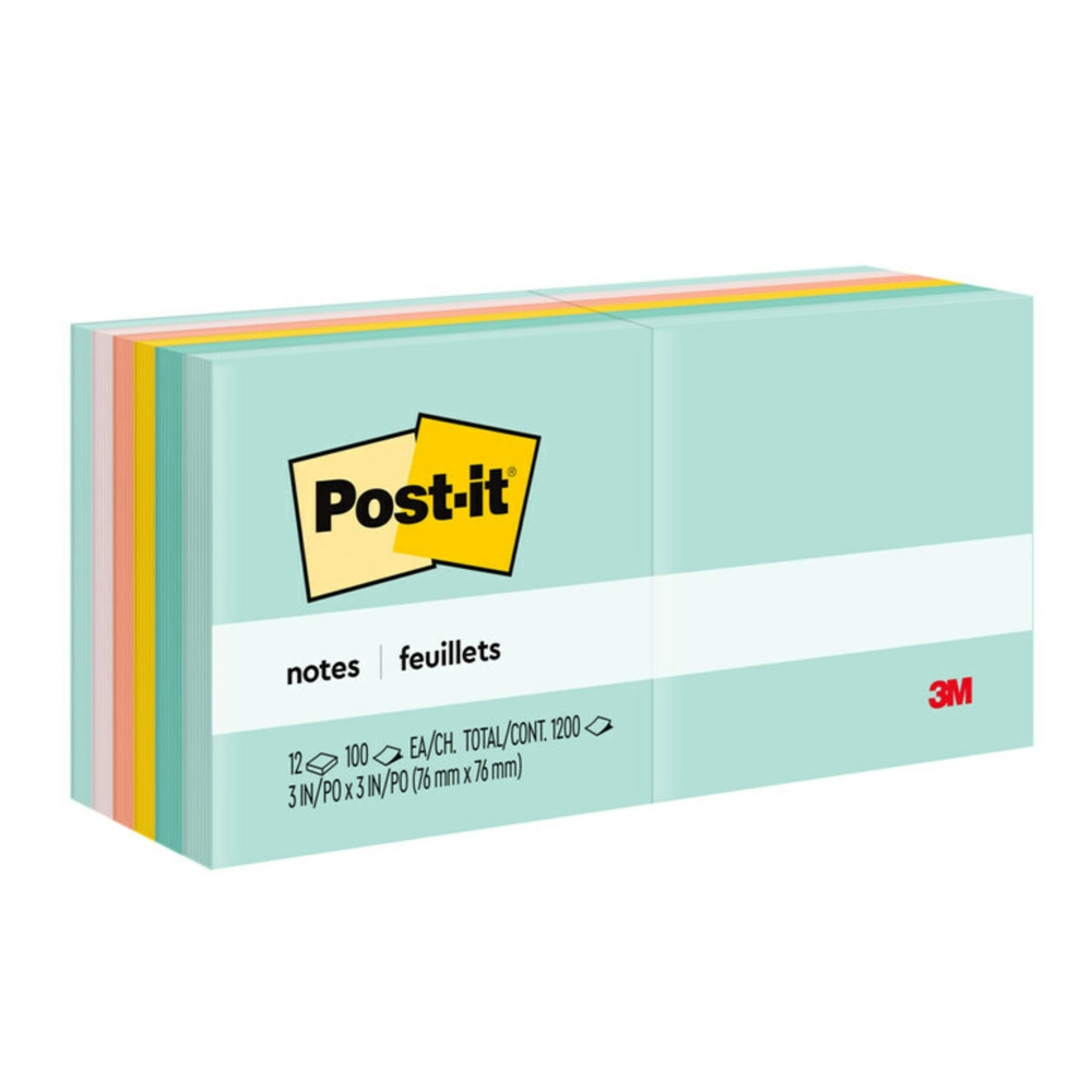 3M CO 654-AST Post-it Notes, 12 Pads, 3 in x 3 in, Clean Removal, School Supplies and Office Products, Sticky Notes for Vertical Surfaces, Monitors, Walls and Windows, Beachside Cafe Collection