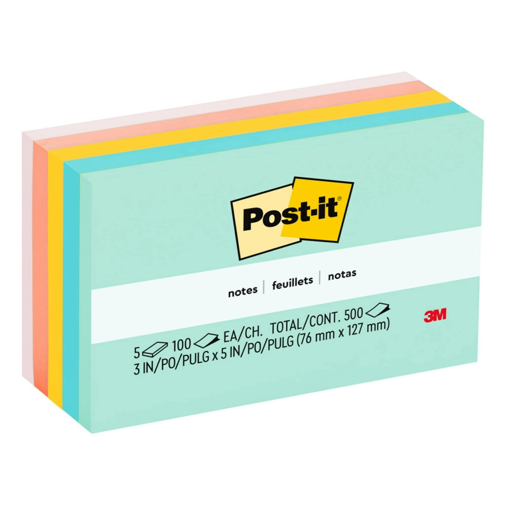 3M CO 655-AST Post-it Notes, 5 Pads, 3 in x 5 in, Clean Removal, School Supplies and Office Products, Sticky Notes for Vertical Surfaces, Monitors, Walls and Windows, Beachside Cafe Collection