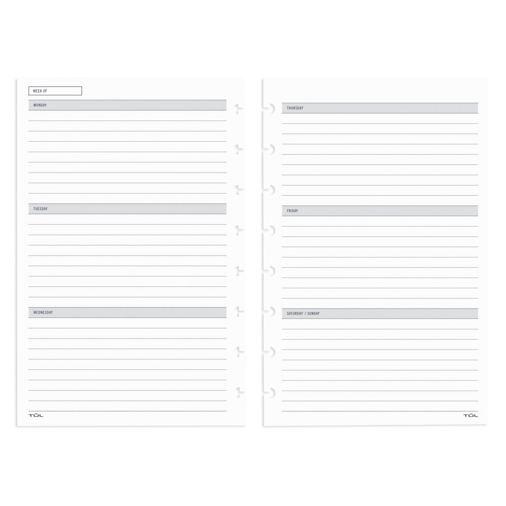 Keep track of your appointments, activities and due dates by adding these refill pages to your discbound notebook.  2 pages per week/month.  Undated weekly and monthly pages have the advantage of letting you start using them anytime.  12 months.  Pages are 8-hole punched for easy insertion.  Works with most TUL custom note-taking discbound junior-size notebooks (sold separately).
