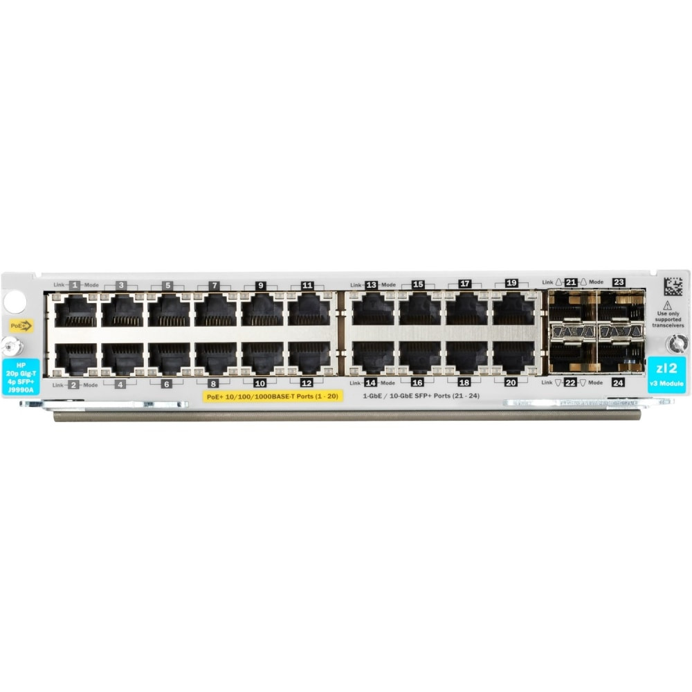 HP INC. HPE J9990A  20-port 10/100/1000BASE-T PoE+ / 4-port 1G/10GbE SFP+ MACsec v3 zl2 Module - For Data Networking, Optical Network - 20 RJ-45 1000Base-T LAN