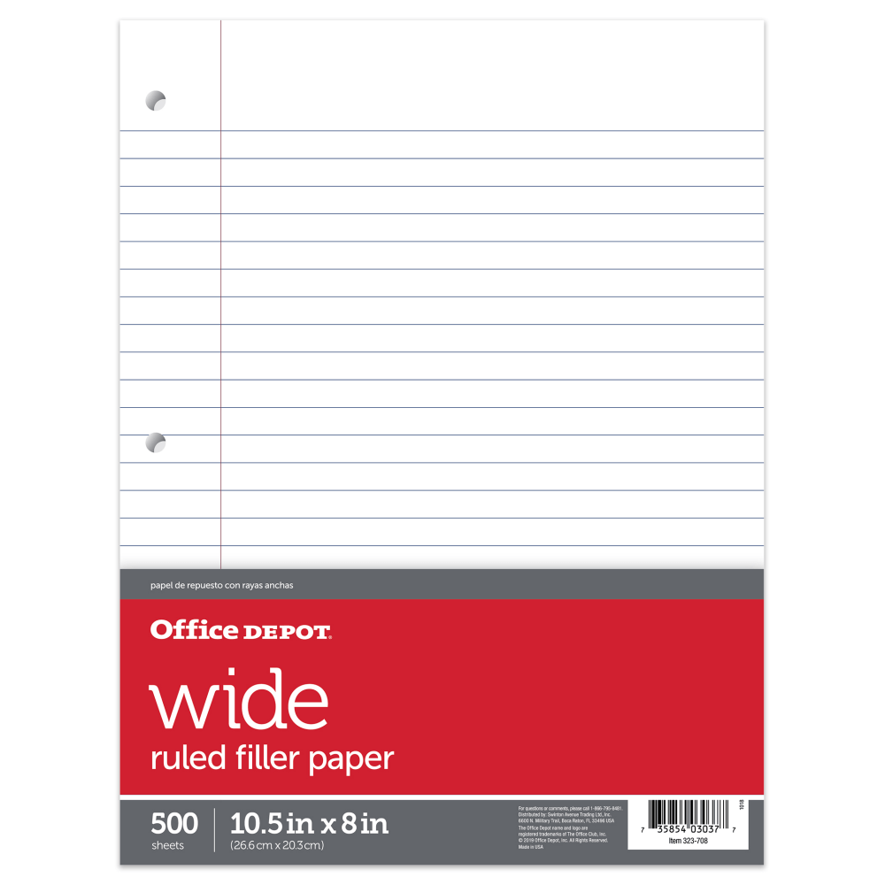 Add to your 3-ring binder for easy use in the classroom or on the go with Office Depot filler paper. This ruled filler paper with a 15-lb weight lets you easily record neat, clean notes across the smooth, lined surface.  3-hole punched to fit most standard binders.  Wide-ruled with margin paper helps keep your notes clean and easy to read.