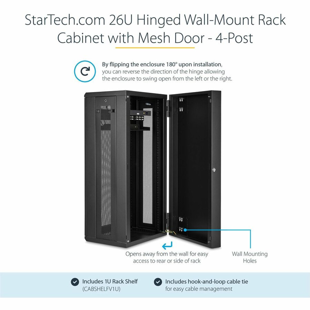 StarTech.com RK2620WALHM StarTech.com 4-Post 26U Wall Mount Network Cabinet, 19" Hinged Wall-Mounted Server Rack for Data / IT Equipment, Lockable Rack Enclosure