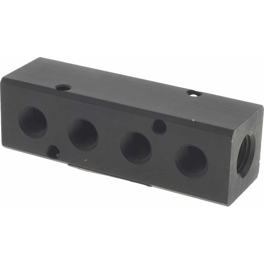 MSC PCM10-125R-06B Manifold: 1/4" Inlet, 1/8" Outlet, 2 Inlet Ports, 6 Outlet Ports, 4.75" OAL, 1" OAW, 1" OAH