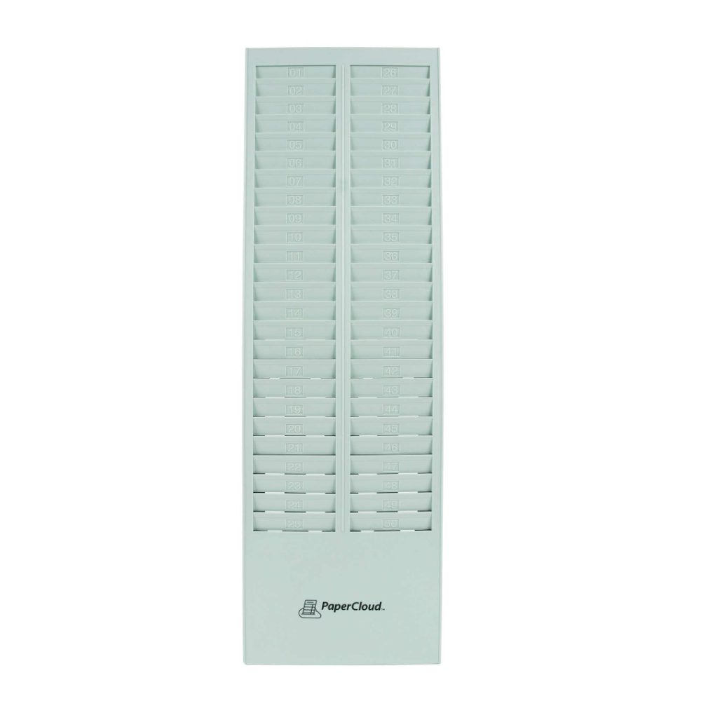 Make sure you keep track of your employees time cards with this time card rack. Able to hold most standard time cards, this plastic unit is wall mountable for convenient access.  Holds time cards to help you and your employees keep track of hours worked.  Plastic construction stands up to everyday use.  Works with Acroprint, Amano, Compumatic, Icon, Lathem, Pyramid, uPunch, PaperCloud and other major time card brands. Accepts time cards from 3.25in to 3.375in wide and at least 6.375in tall (time cards sold separately).  Can be mounted on a wall with the included hardware.