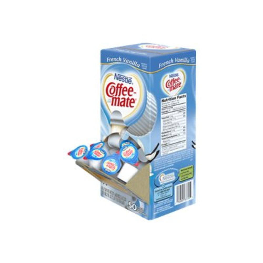 Add a splash of excitement to any cup with these convenient Coffee-mate single serve creamers. Ideal for office breakrooms, hotel rooms, buffet breakfasts or for simply packing in your purse to personalize your takeout coffees, these little jiggers are packed with flavor.  Deliciously rich, velvety smooth classic with bright vanilla notes  Nondairy liquid in convenient, single-serve packets great for home or to-go  Use in the office and foodservice establishments for a simple, coffee creamer solution  Lactose-free, cholesterol-free, gluten-free and kosher dairy  No refrigeration necessary  Always a favorite, French Vanilla flavor creamer brings a little class to your morning coffee.  Carton of 50 single serve tubs.