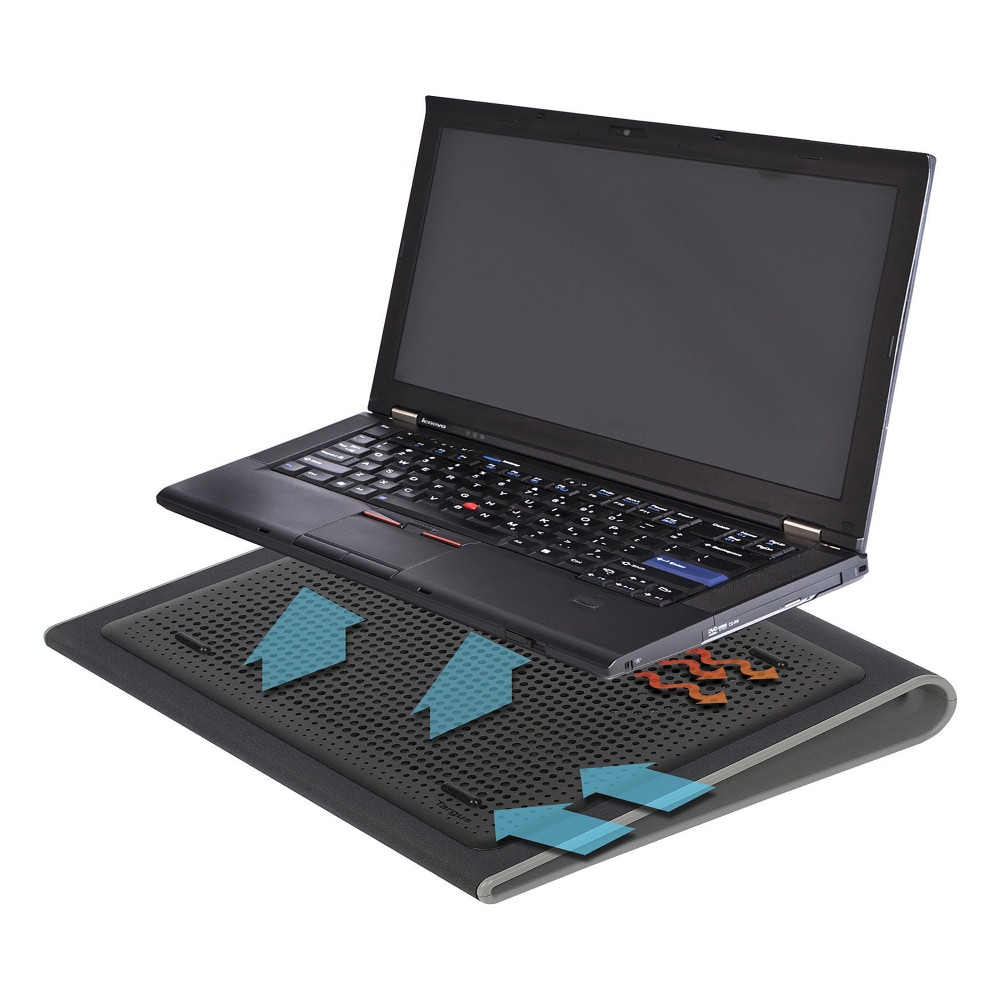 The Targus Laptop Chill Mat features two fans that generate cool air to keep the laptop running efficiently and help prevent overheating.  Dual fans circulate air to keep you and your laptop cool  Ventilated grill helps dissipate heat, so your laptop remains cool during operation  Low profile design  Supports laptops up to 16in  Rubber pads help prevent your laptop from slipping