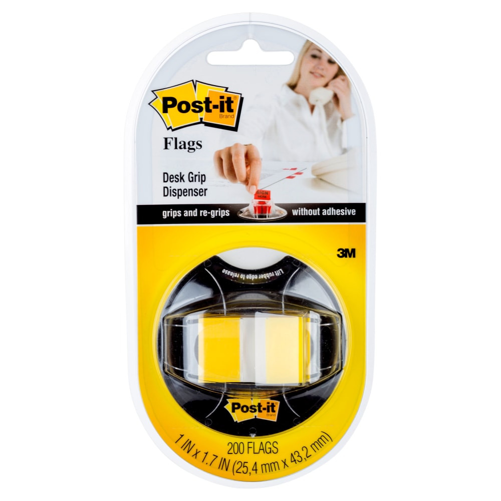3M CO 680-HVYW Post-it Flags in Desk Grip Dispenser, 1in x 1 -11/16in, Yellow, 200 Flags