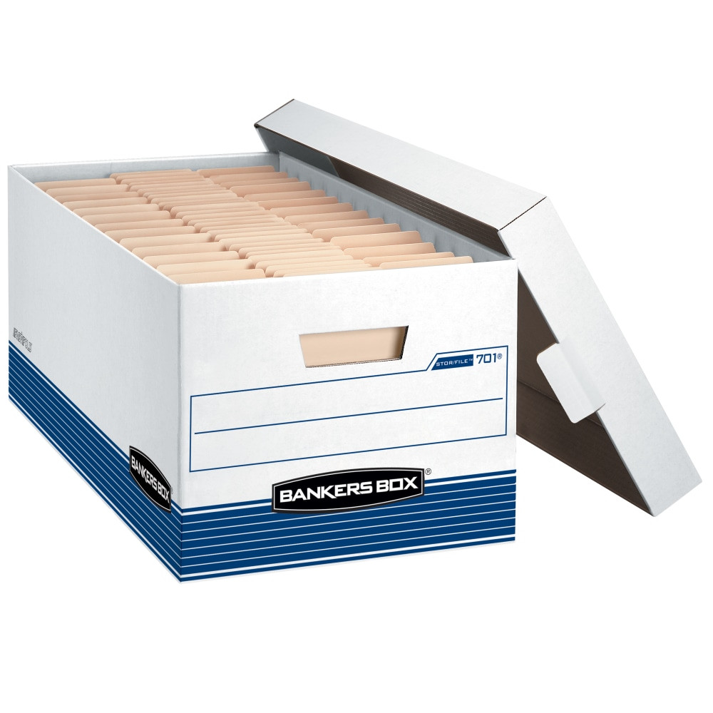 FELLOWES INC. 70140FF Bankers Box Stor/File Medium-Duty Storage Boxes With Locking Lift-Off Lids And Built-In Handles, Letter Size, 24in x 12in x 10in, 60% Recycled, White/Blue, Case Of 4, 70107