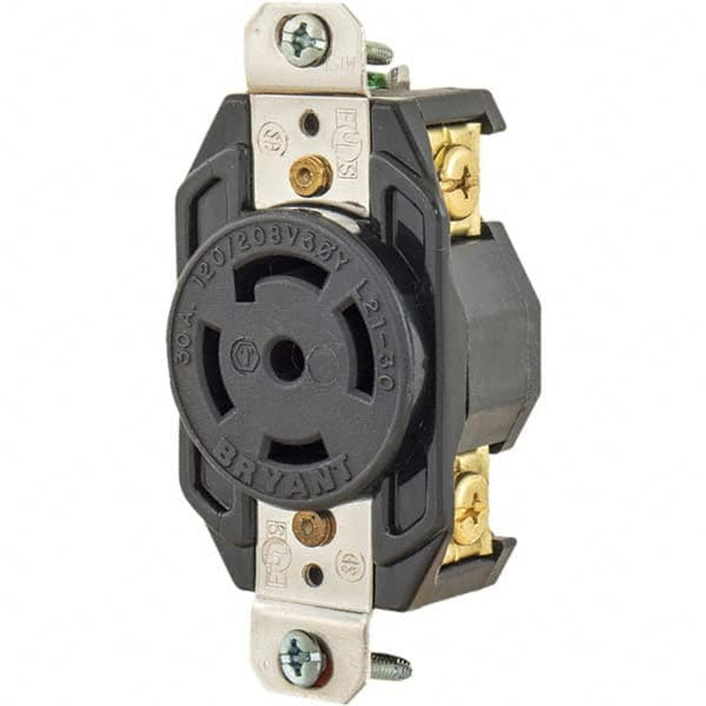 Bryant Electric 72130FR Twist Lock Receptacles; Receptacle/Part Type: Receptacle; Gender: Female; NEMA Configuration: L21-30R; Flange Style: No Flange; Amperage: 30 A; Number Of Poles: 4; Number Of Wires: 5; Maximum Cord Diameter: 29.20 mm; Resistanc