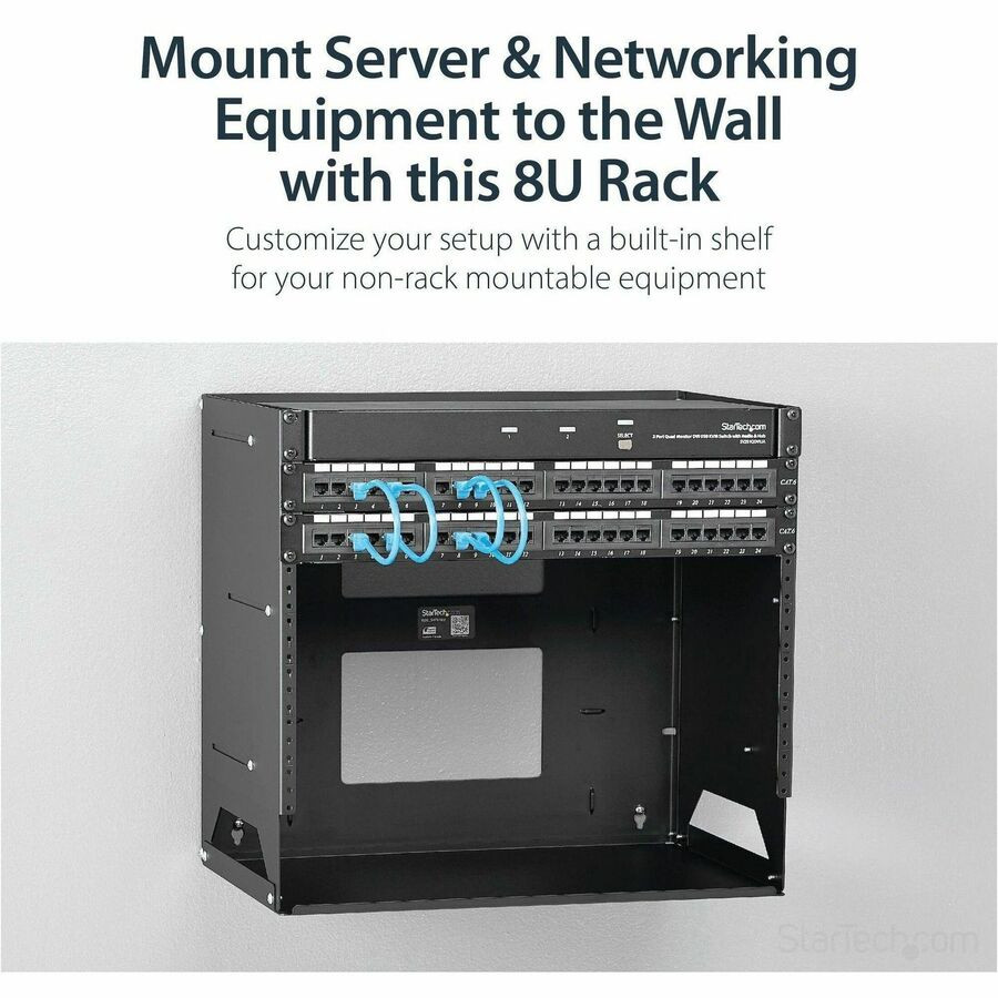 StarTech.com WALLSHELF8U StarTech.com 2-Post 8U Open Frame Wall Mount Network Rack with Built-in Shelf and Adjustable Depth, Computer Rack for IT Equipment, TAA~