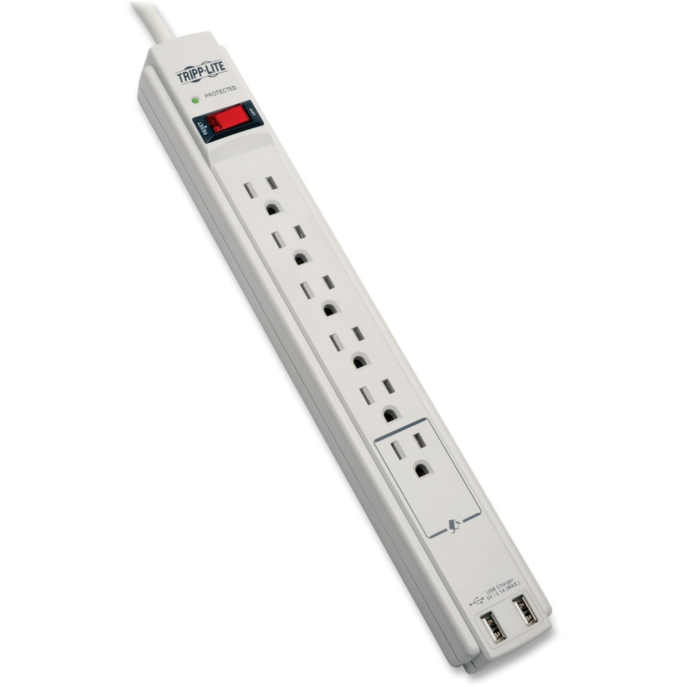 Tripp Lite by Eaton TLP606USB Tripp Lite by Eaton Protect It! 6-Outlet Surge Protector, 6 ft. (1.83 m) Cord, 990 Joules, 2 x USB Charging ports (2.1A), Gray Housing