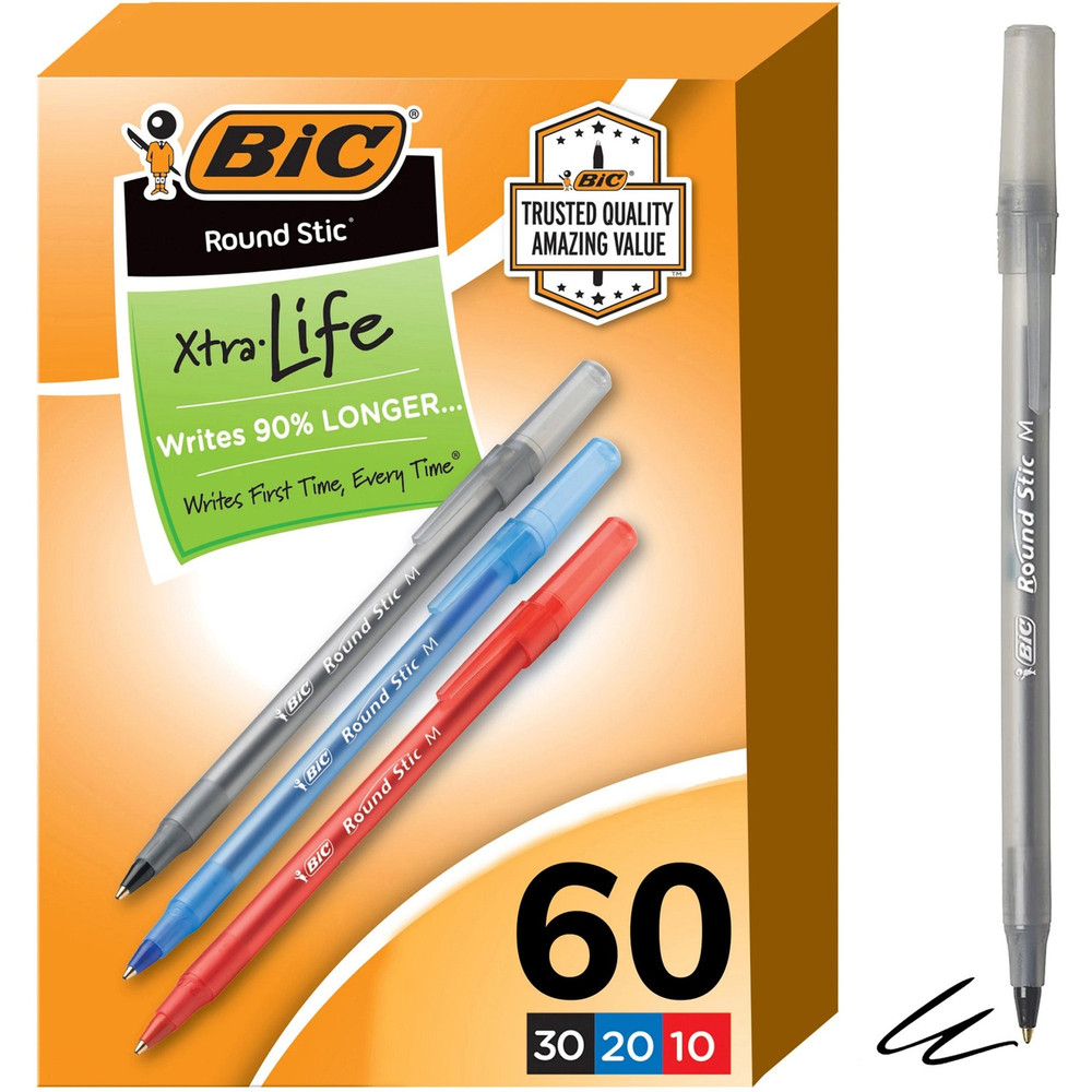 BIC GSM609AST BIC Round Stic Xtra Life Ball Point Pen, Assorted, 60 Pack