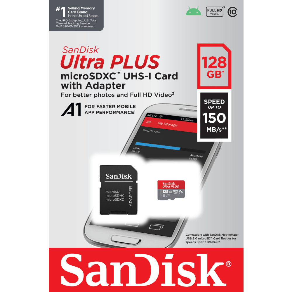 SANDISK CORPORATION SDSQUBC-128G-AN6MA SanDisk Ultra PLUS microSD Memory Card, 128GB
