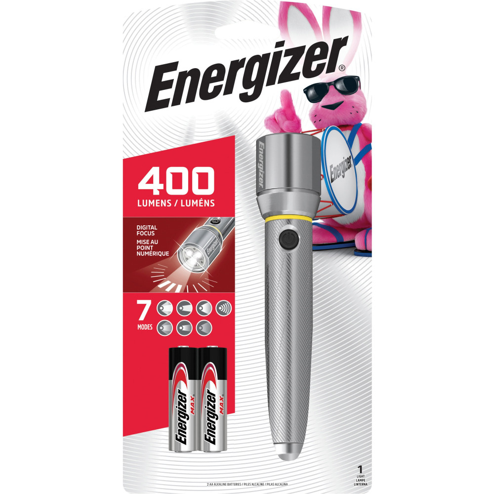 ENERGIZER BRANDS LLC EPMZH21E Energizer Vision HD Performance Metal Flashlight with Digital Focus - LED - 400 lm Lumen - 2 x AA - Battery - Metal - Water Resistant - Chrome - 1 Each