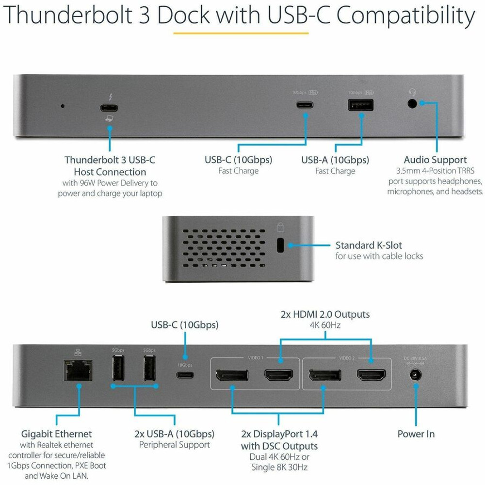 StarTech.com TB3CDK2DH StarTech.com Thunderbolt 3 Dock w/USB-C Host Compatibility - Dual 4K 60Hz DP 1.4 or HDMI TB3/USB-C Docking Station - 1x 8K - 96W PD/5xUSB