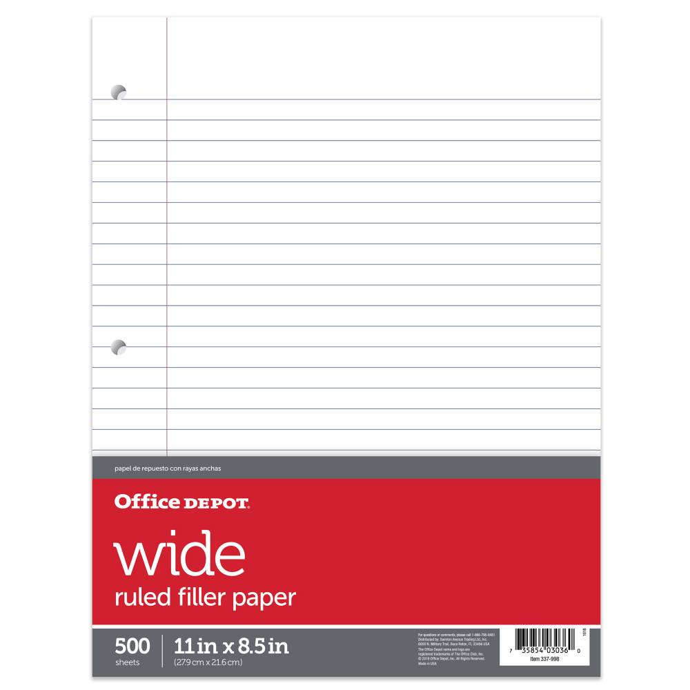 OFFICE DEPOT 43500-10  Brand Ruled Filler Paper, 8 1/2in x 11in, Wide Ruled, White, Pack Of 500 Sheets
