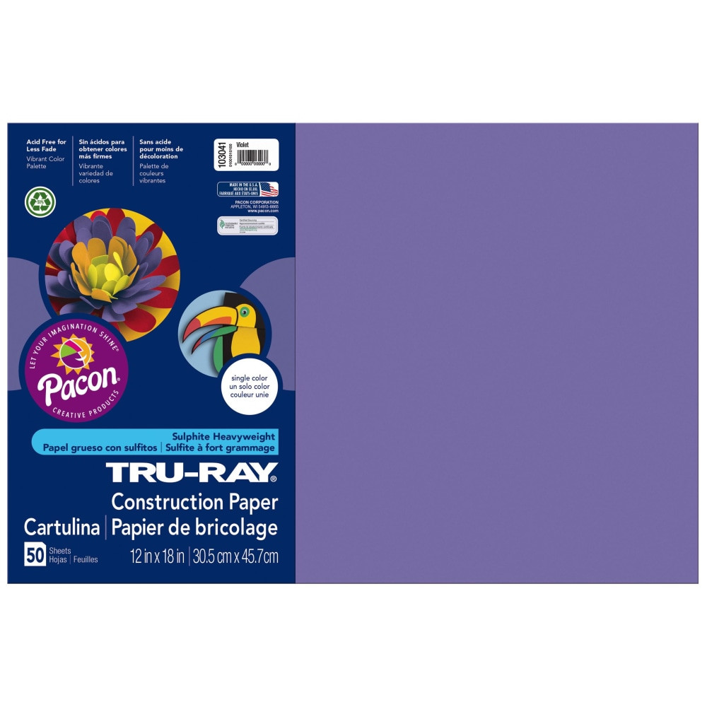 Bring vibrant color to bulletin boards and art projects with this Tru-Ray construction paper. The acid-free, fade-resistant hue delivers lasting good looks, while the strong fibers and a 100 percent vat-dye process gives each sheet added strength to help resist curling, cracking and tearing. This Tru-Ray construction paper comes in a generous pack, providing a convenient supply for classroom use.  Heavyweight paper is ideal for a range of crafts, including scoring.  Acid-free sheets resist fading for enduring quality.  100 percent vat-dyed sulphite resists tearing and curling.  Paper is 12in x 18in in a pack of 50 violet sheets.  Contains Recycled Content - See Specs for Details.