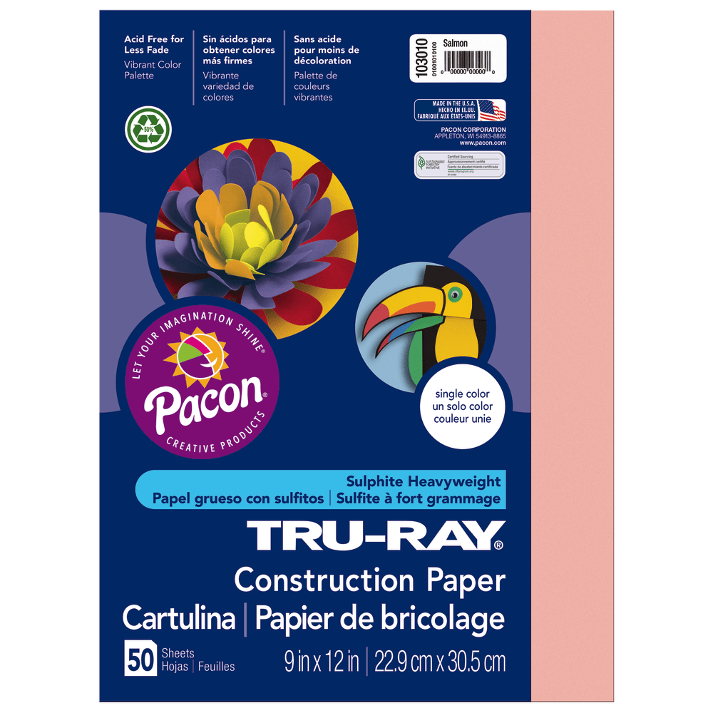 PACON CORPORATION Tru-Ray 103010  Construction Paper, 50% Recycled, 9in x 12in, Salmon, Pack Of 50