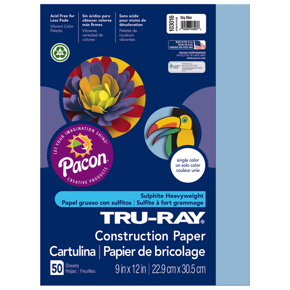 PACON CORPORATION 103016 Tru-Ray Construction Paper, 50% Recycled, 9in x 12in, Sky Blue, Pack Of 50