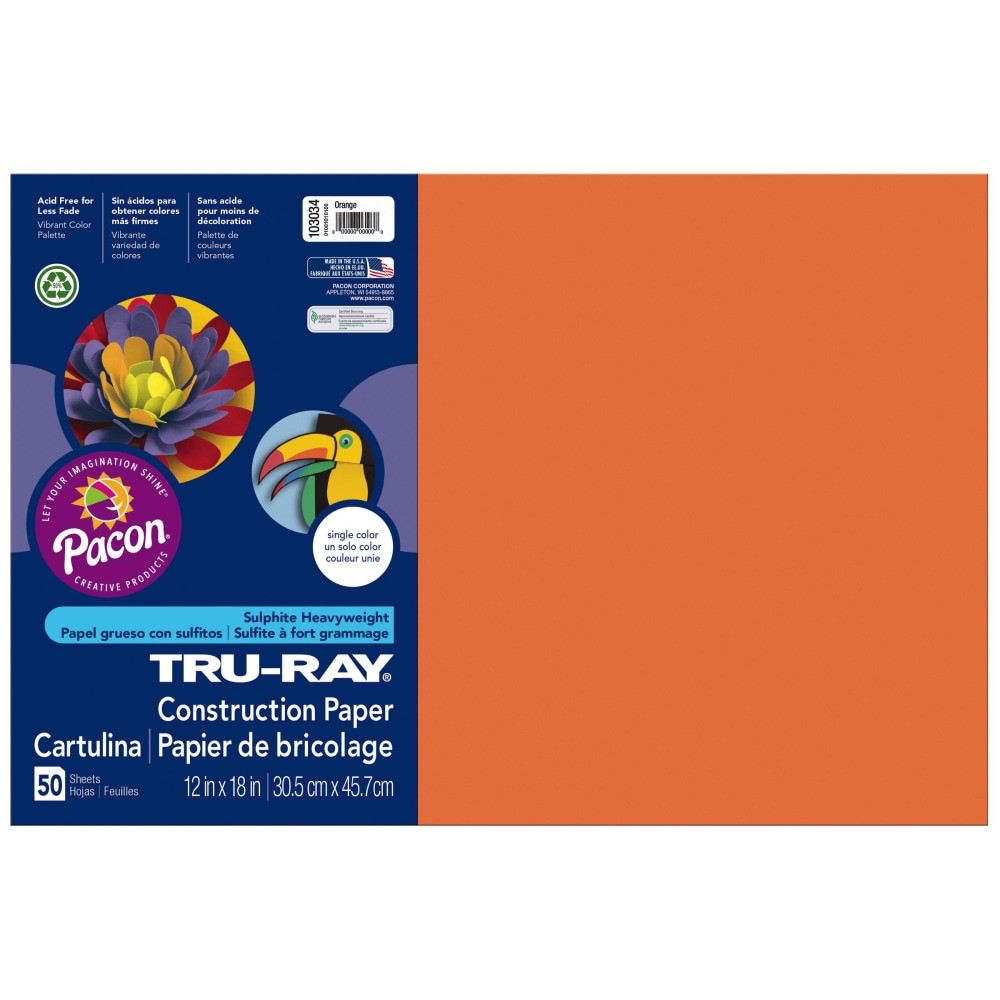 Bring vibrant color to bulletin boards and art projects with this Tru-Ray construction paper. The acid-free, fade-resistant hue delivers lasting good looks, while the strong fibers and a 100 percent vat-dye process gives each sheet added strength to help resist curling, cracking and tearing. This Tru-Ray construction paper comes in a generous pack, providing a convenient supply for classroom use.  Heavyweight paper is ideal for a range of crafts, including scoring.  Acid-free sheets resist fading for enduring quality.  100 percent vat-dyed sulphite resists tearing and curling.  Paper is 12in x 18in in a pack of 50 orange sheets.  Contains Recycled Content - See Specs for Details.