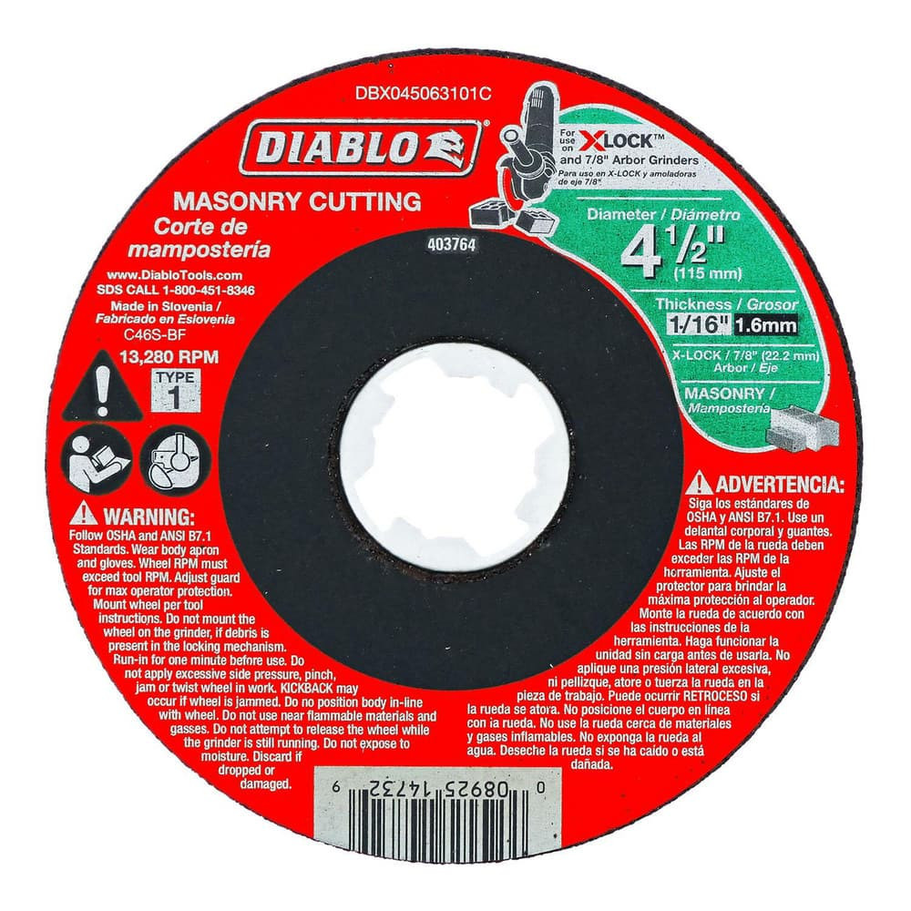DIABLO DBX045063101C Cutoff Wheels; Wheel Diameter (Inch): 4-1/2 ; Wheel Thickness (Inch): 1/16 ; Hole Size (Inch): 7/8 X-Lock ; Abrasive Material: Silicon Carbide ; Reinforced: Reinforced ; Grit: 46