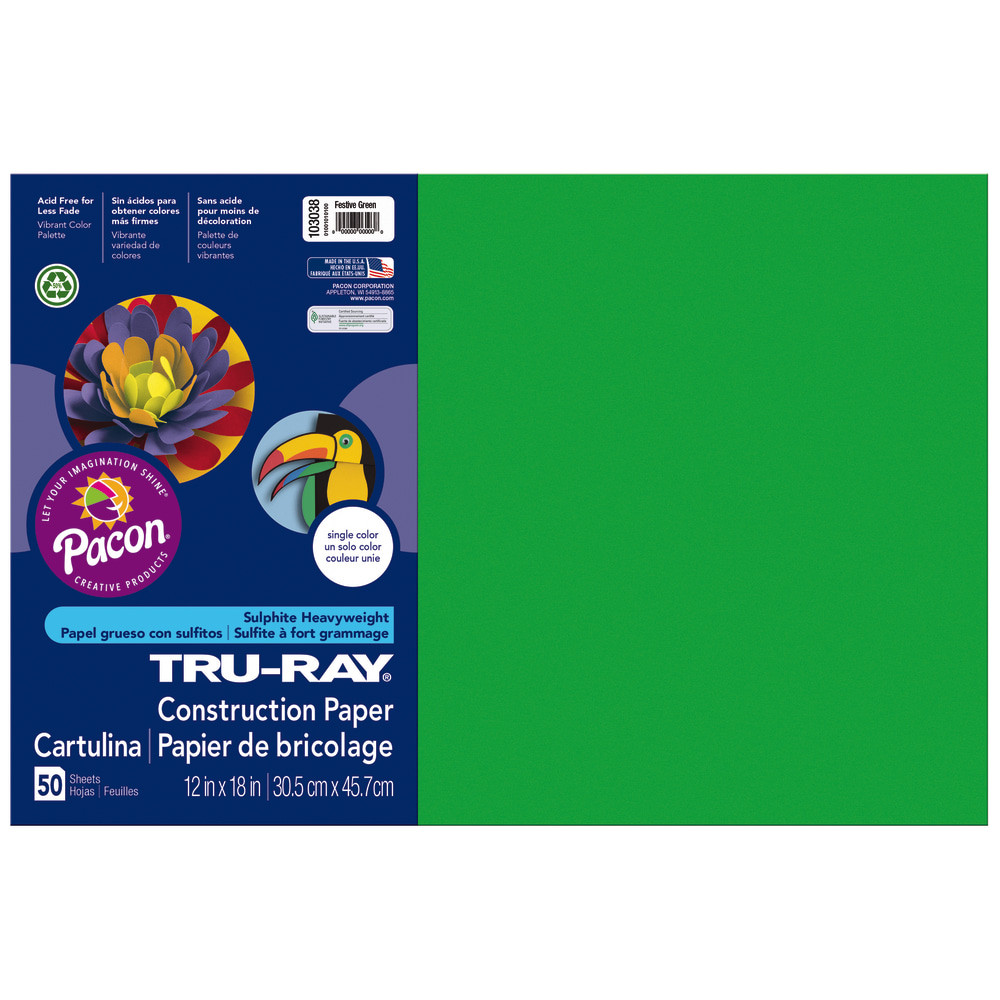 PACON CORPORATION 103038 Tru-Ray Construction Paper, 50% Recycled, 12in x 18in, Festive Green, Pack Of 50