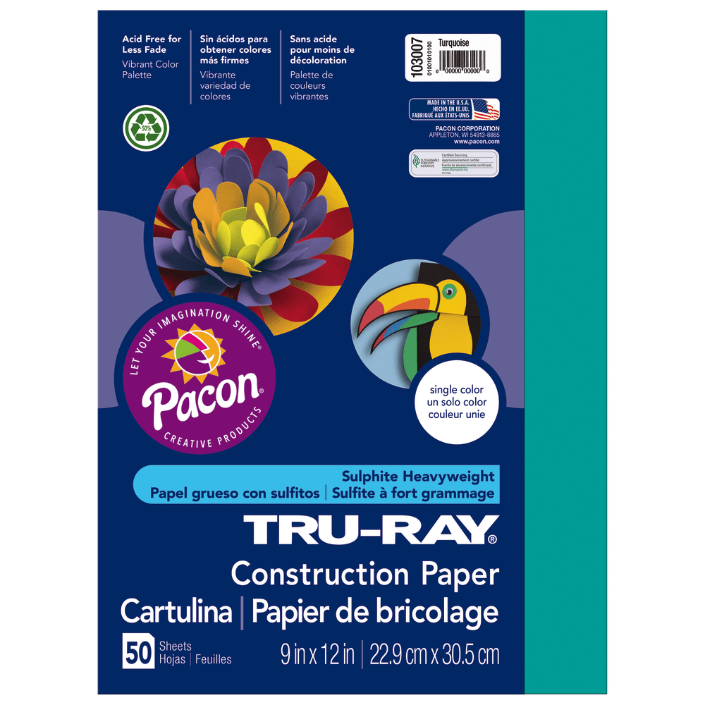 Bring vibrant color to bulletin boards and art projects with this Tru-Ray construction paper. The acid-free, fade-resistant hue delivers lasting good looks, while the strong fibers and a 100 percent vat-dye process gives each sheet added strength to help resist curling, cracking and tearing. This Tru-Ray construction paper comes in a generous pack, providing a convenient supply for classroom use.  Heavyweight paper is ideal for a range of crafts, including scoring.  Acid-free sheets resist fading for enduring quality.  100 percent vat-dyed sulphite resists tearing and curling.  Paper is 9in x 12in in a pack of 50 turquoise sheets.  Contains Recycled Content - See Specs for Details.