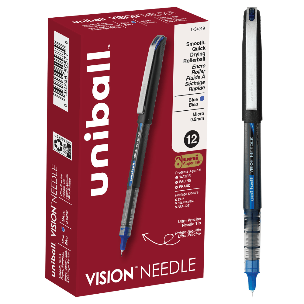 Micro point rollerball pens feature a fine tip, helping you write letters, numbers and lines with great precision  Colored pens bring creativity and flair to a variety of projects, including artwork, sketching or journaling  uni Super Ink makes a strong bond with the paper, offering protection against water, fading and fraud  This liquid ink rollerball pen has Uni-Flow Free Ink System for fast-flowing ink that allows quick, smooth and efficient writing  Durable metal clip ensures that your favorite micro point pens are always at hand  Comes with micro-point, blue-ink pens in a 12-pack.  Features black barrels and blue ink.  ACMI Certified AP Nontoxic. For detailed information see www.acmiart.org.  Less harsh chemicals - made with fewer harsh chemicals, or safer chemicals than typical alternatives, helping  reduce your use of and exposure to substances that may be more harmful to your health and the environment.