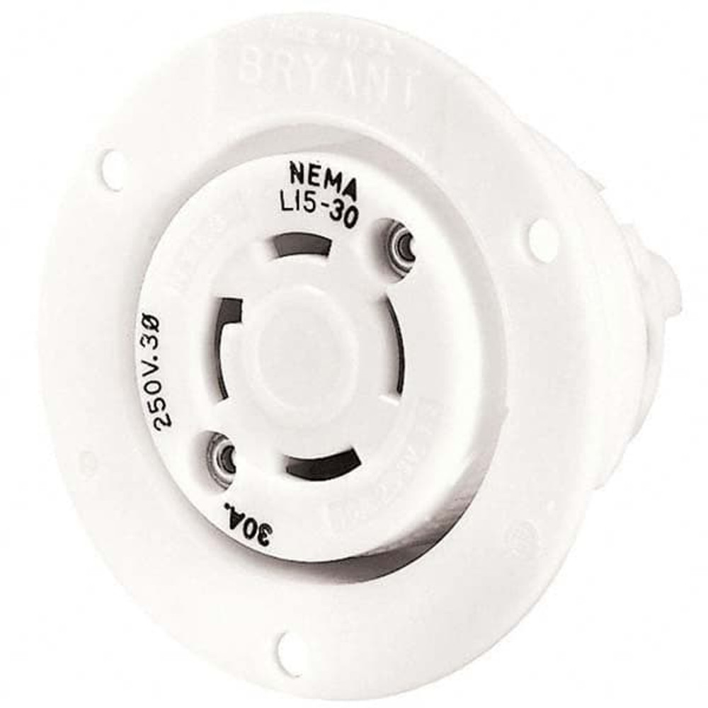 Bryant Electric 71530ER Twist Lock Receptacles; Receptacle/Part Type: Receptacle; Gender: Female; NEMA Configuration: L15-30R; Flange Style: Flanged; Amperage: 30 A; Number Of Poles: 3; Number Of Wires: 4; Maximum Cord Diameter: 29.20 mm; Resistance 