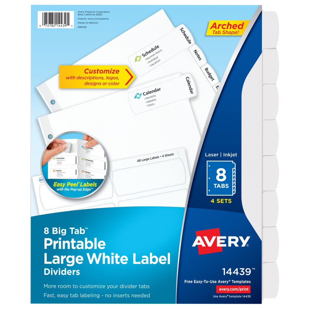 AVERY PRODUCTS CORPORATION 14439 Avery Big Tab Printable Large Label Dividers With Easy Peel, 8 1/2in x 11in, 8 Tab, White, Pack Of 4