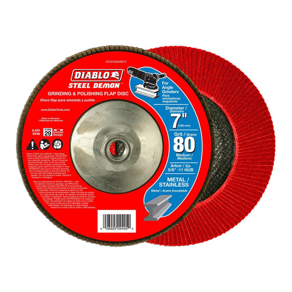 DIABLO DCX070080B01F Flap Discs; Disc Diameter (Decimal Inch): 7 ; Center Hole Size: 5/8-11 ; Flap Disc Type: Type 29 ; Grit: 80 ; Grade: Medium ; Disc Color: Red