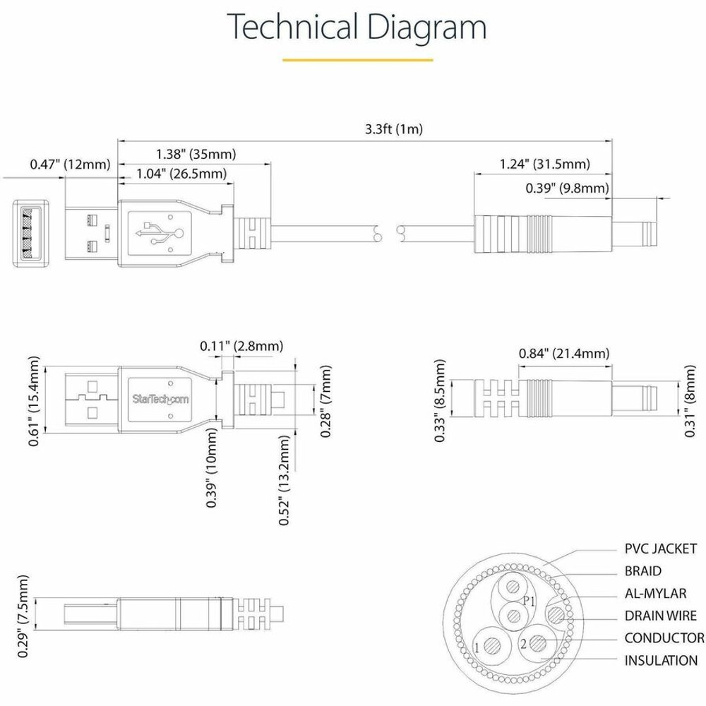 StarTech.com USB2TYPEN1M StarTech.com 1m USB to Type N Barrel 5V DC Power Cable - USB A to 5.5mm DC