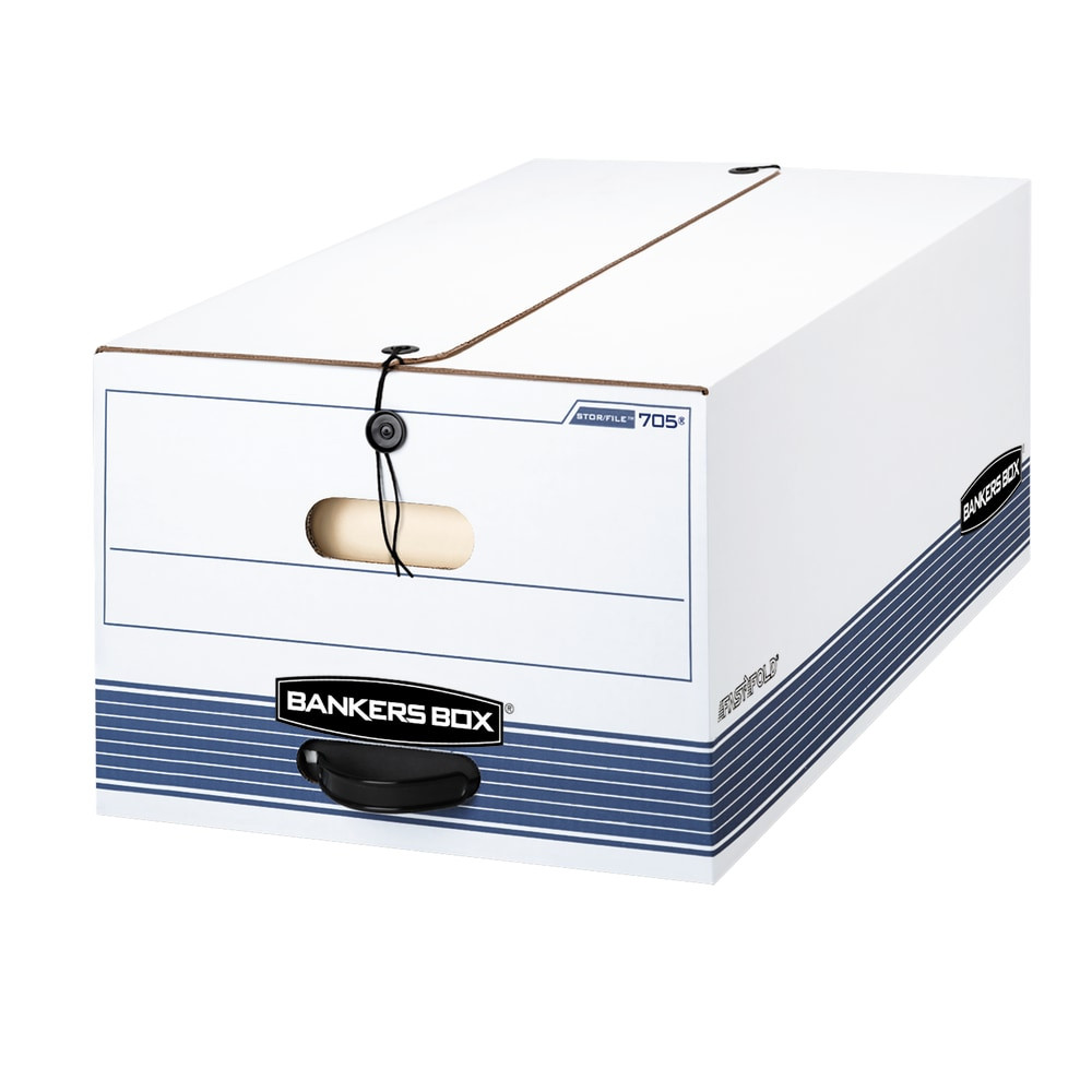 FELLOWES INC. 70504 Bankers Box Stor/File Medium-Duty Storage Boxes With String & Button Closure, Built-In Handles, Legal Size, 24in x 15in x 10in, 60% Recycled, White/Blue, Case Of 12