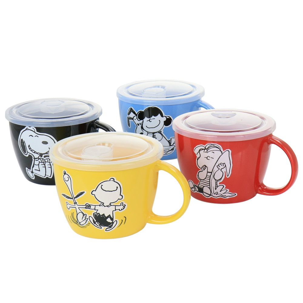 GIBSON OVERSEAS INC. 995115919M Gibson Peanuts 70th Anniversary 4-Piece Stoneware Soup Bowl Set With Vented Lids, 23.5 Oz, Assorted Colors