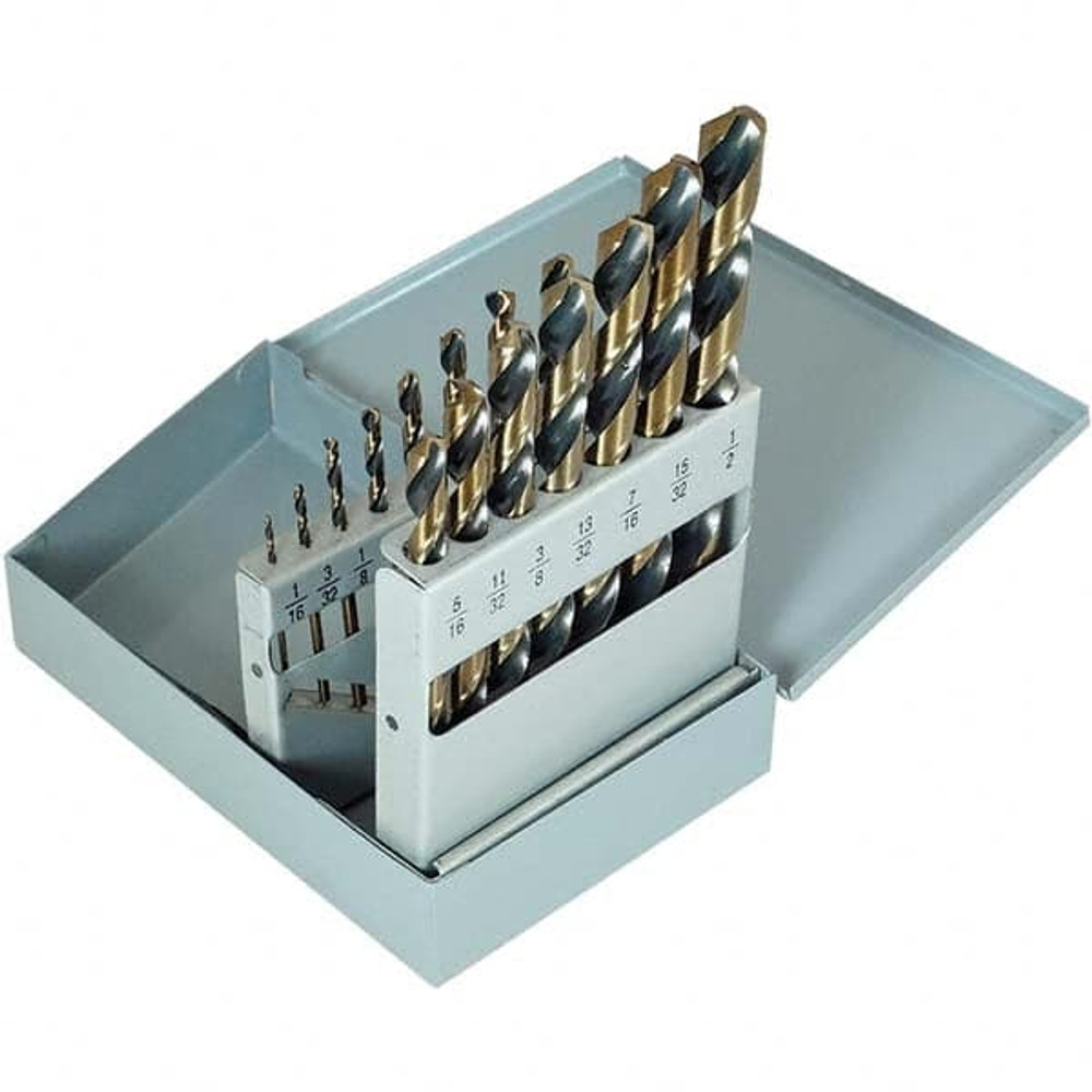 Cle-Force C69031 Drill Bit Set: Jobber Length Drill Bits, 15 Pc, 0.0625" to 0.5" Drill Bit Size, 135 °, High Speed Steel