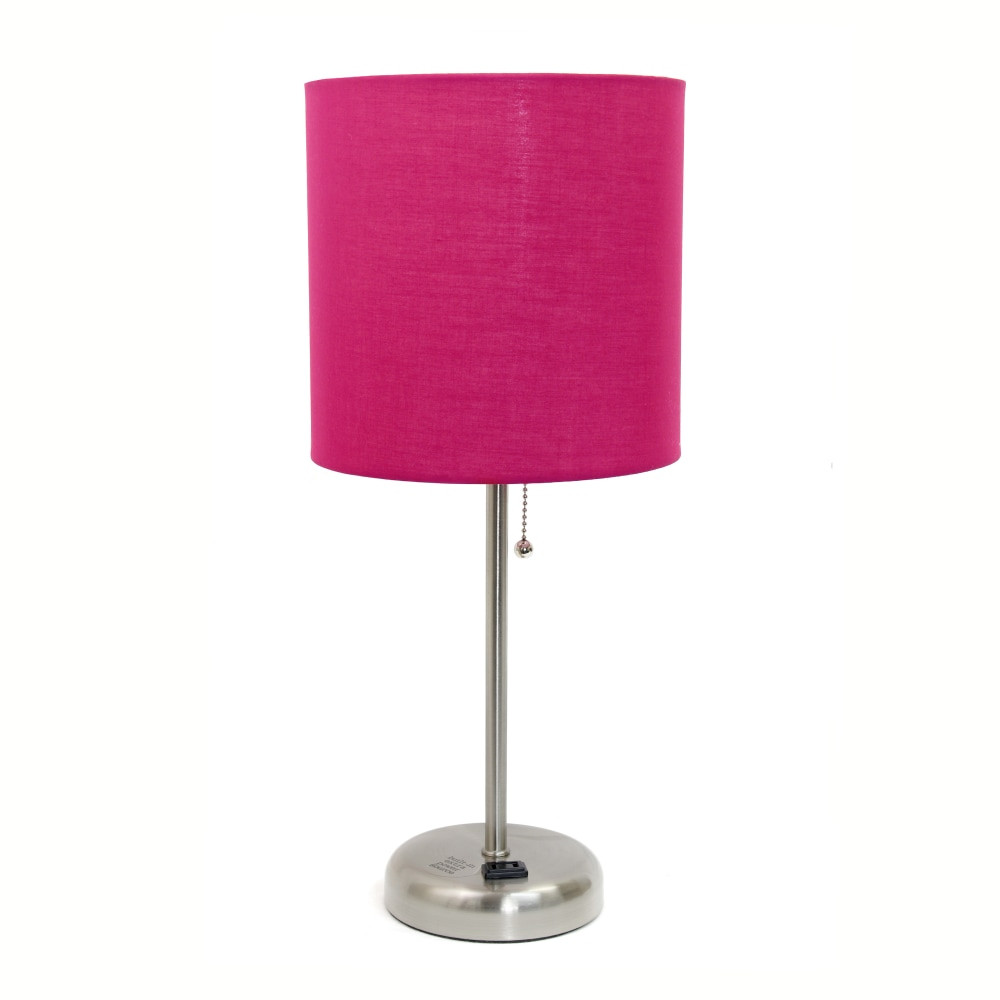 ALL THE RAGES INC Creekwood Home CWT-2009-PN  Oslo Power Outlet Metal Table Lamp, 19-1/2inH, Pink Shade/Brushed Steel Base