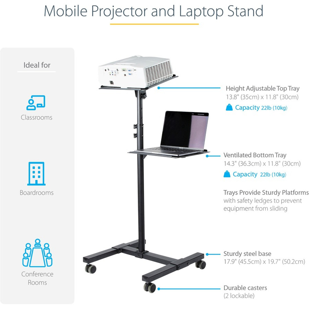 StarTech.com ADJPROJCART StarTech.com Mobile Projector and Laptop Stand/Cart, Heavy Duty Portable Projector Stand/Presentation Cart (22lb/shelf), Height Adjustable
