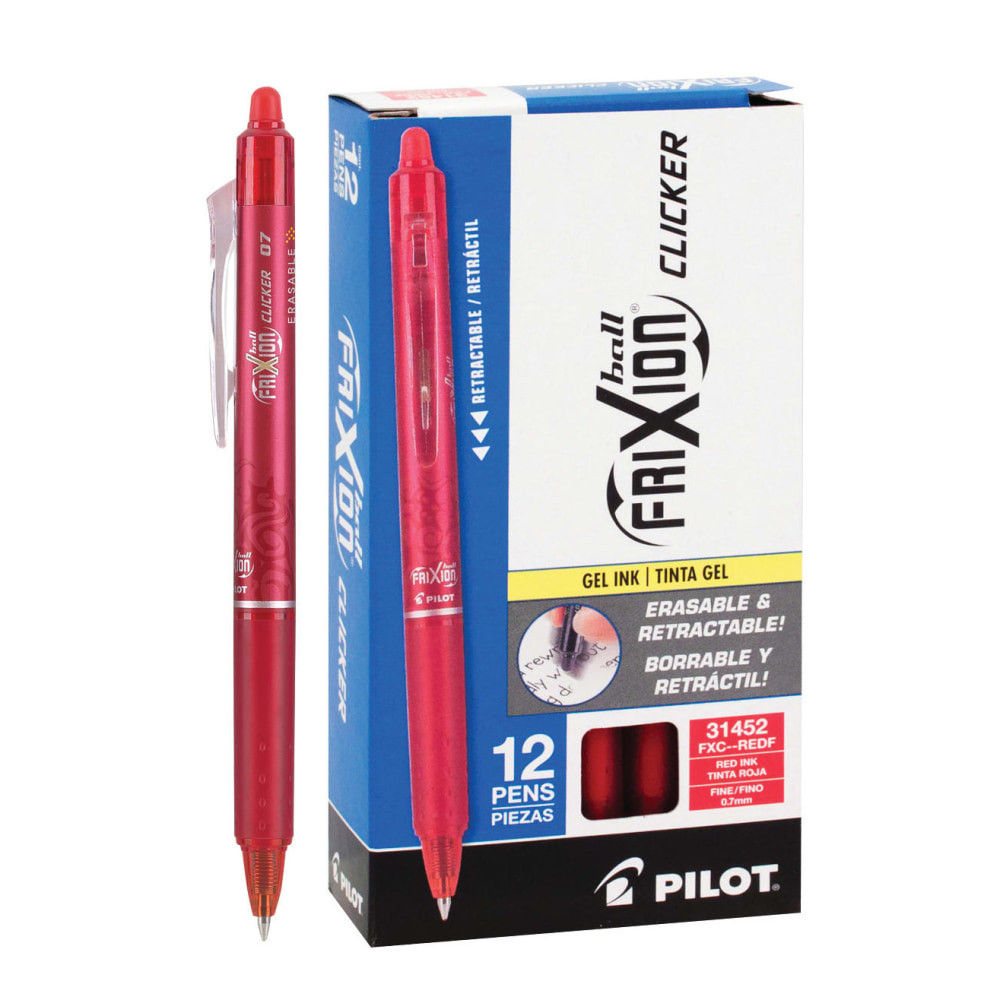 Write smoothly and erase cleanly without smudges or marks thanks to FriXion Clicker Pens. Both the eraser and the tip retract easily, protecting them as well as the bags, purses and pockets used to carry them. Enjoy the quality you expect from Pilot pens.  Eraser retracts easily by pressing down on the clip.  Combines the convenience of a retractable pen with the incredible FriXion ink.  Refillable for continued use.  These erasable gel pens come in red.  Refillable - designed to be used repeatedly, helping you avoid single-use disposables and potentially save money.