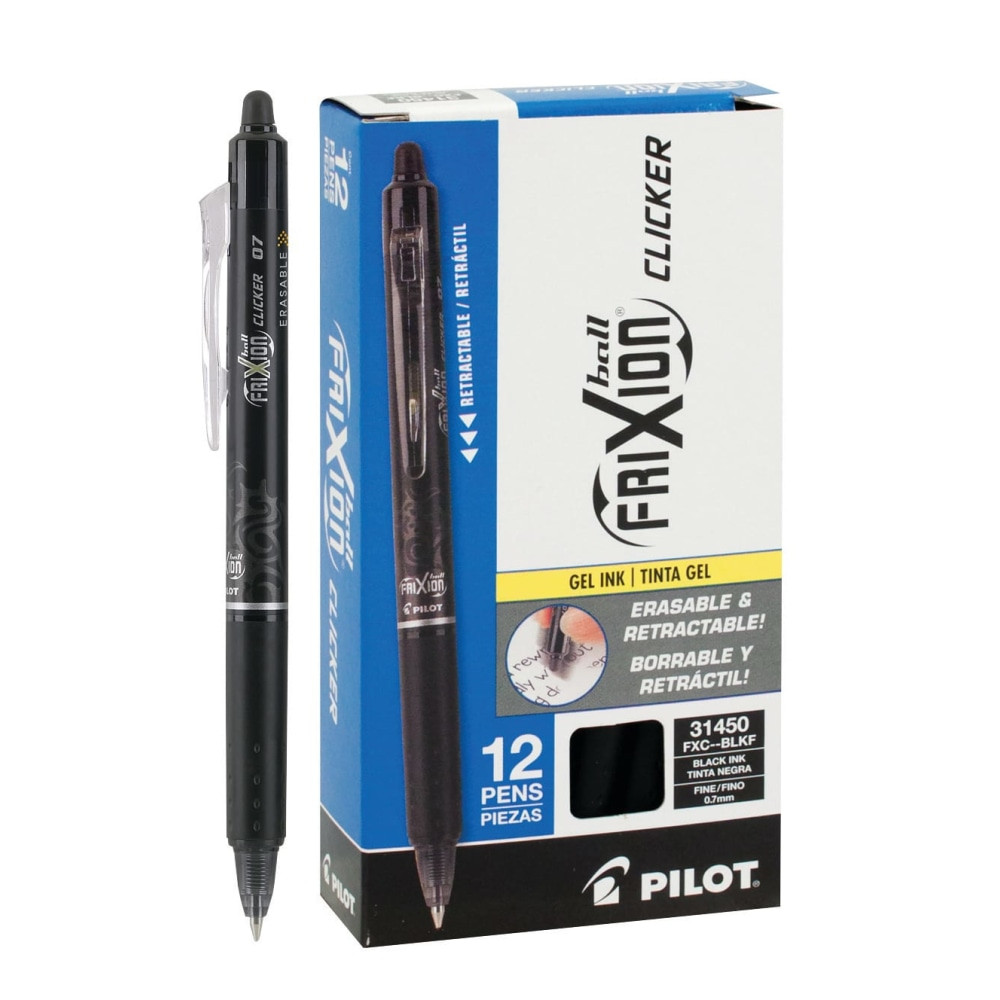 Write smoothly and erase cleanly without smudges or marks thanks to FriXion Clicker Pens. Both the eraser and the tip retract easily, protecting them as well as the bags, purses and pockets used to carry them. Enjoy the quality you expect from Pilot pens.  Eraser retracts easily by pressing down on the clip.  Combines the convenience of a retractable pen with the incredible FriXion ink.  Refillable for continued use.  These erasable gel pens come in black.  Refillable - designed to be used repeatedly, helping you avoid single-use disposables and potentially save money.