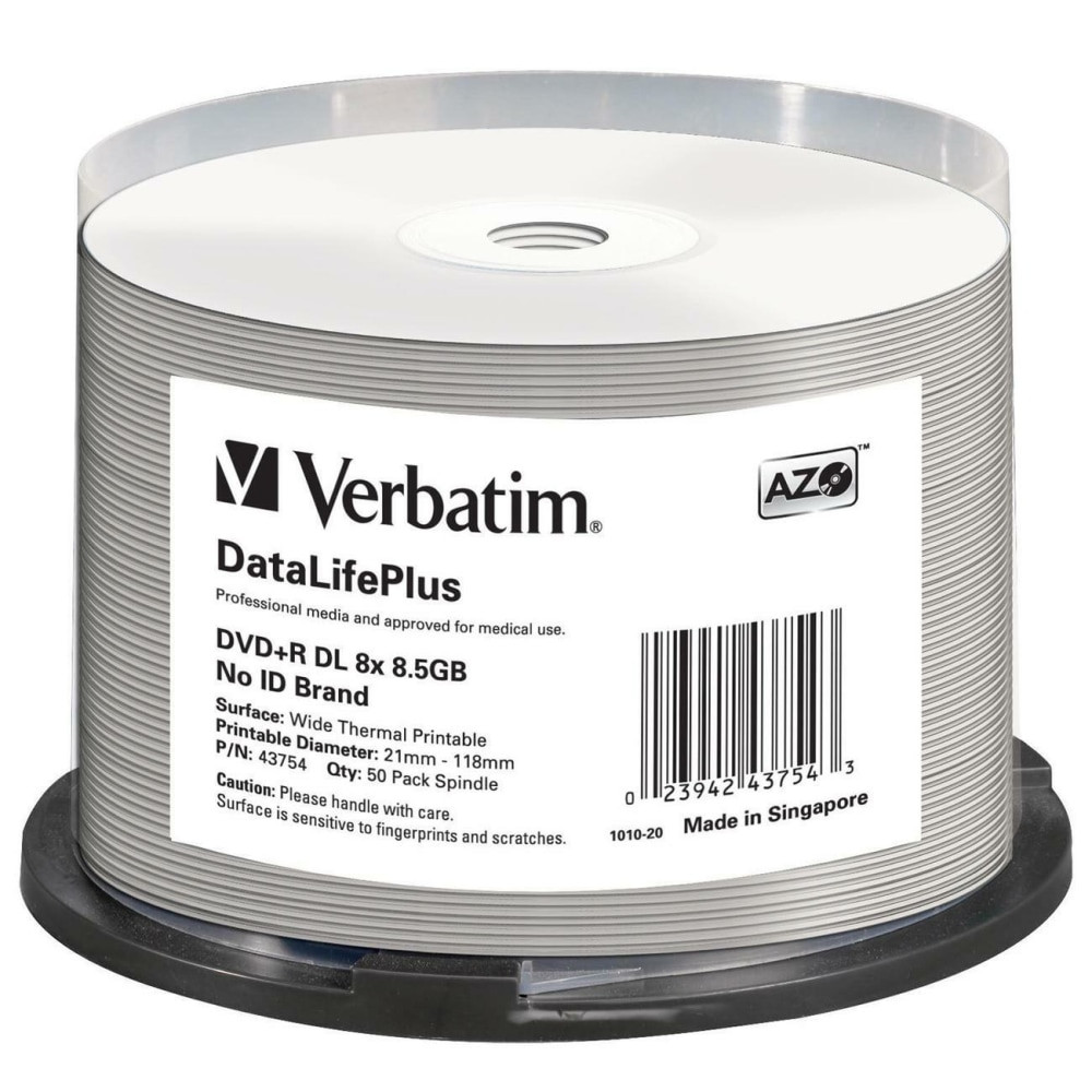 VERBATIM AMERICAS LLC Verbatim 43754  DVD+R DL 8.5GB 8X DataLifePlus White Thermal Printable, Hub Printable - 50pk Spindle - 120mm - Printable - Thermal Printable
